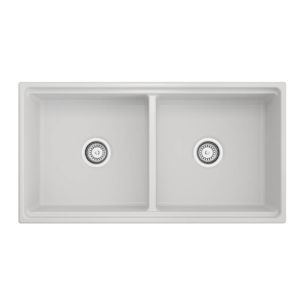 Contempo Step-Rim Apron Front Fireclay 36 in. Double Bowl Kitchen Sink with Integrated Work Station & Accessories in White