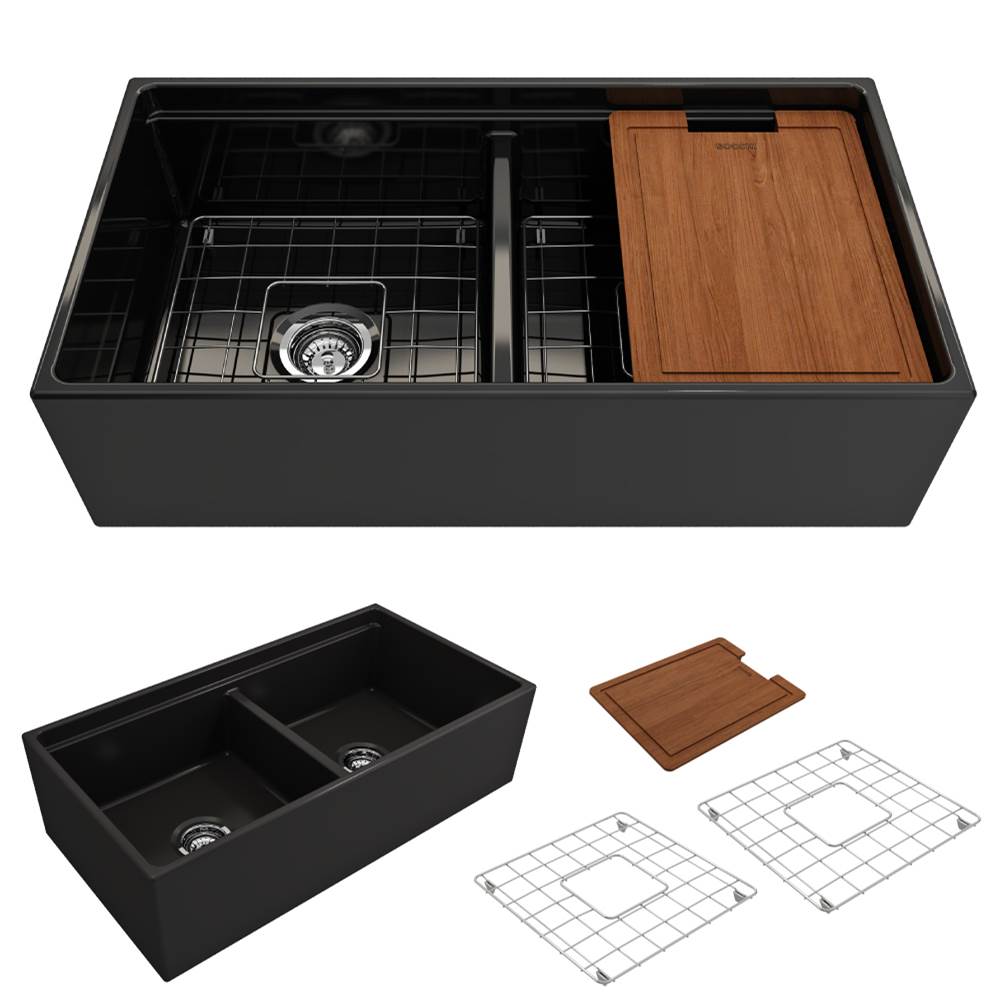 BOCCHI - Contempo Step-Rim Apron Front Fireclay 36 in. Double Bowl Kitchen Sink with Integrated Work Station & Accessories in Matte Black - Matte Black
