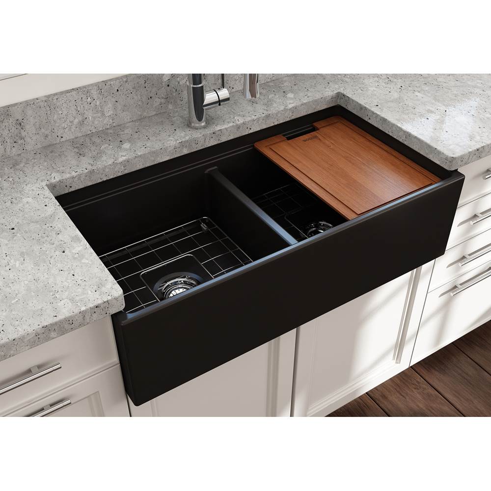 Contempo Step-Rim Apron Front Fireclay 36 in. Double Bowl Kitchen Sink with Integrated Work Station & Accessories in White