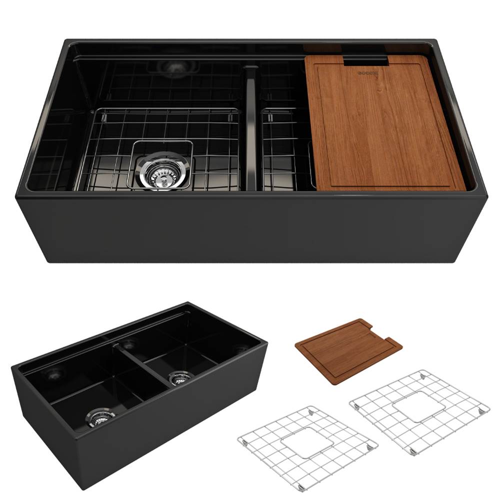 BOCCHI - Contempo Step-Rim Apron Front Fireclay 36 in. Double Bowl Kitchen Sink with Integrated Work Station & Accessories in Black - Black