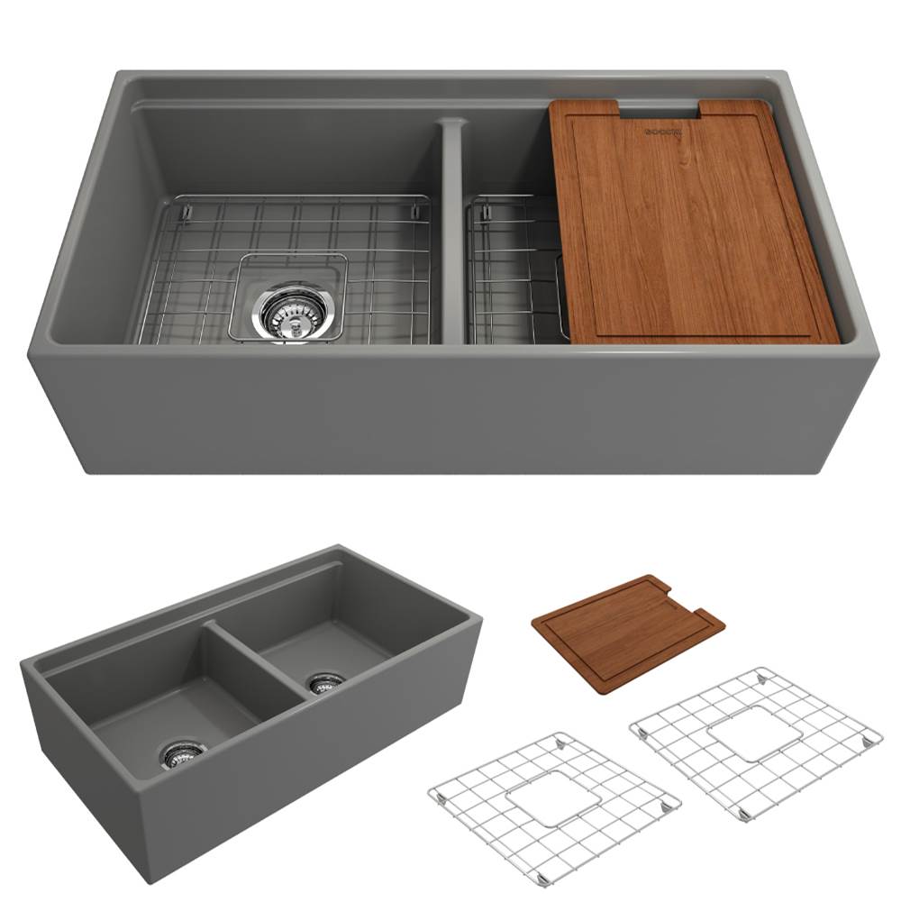 BOCCHI - Contempo Step-Rim Apron Front Fireclay 36 in. Double Bowl Kitchen Sink with Integrated Work Station & Accessories in Matte Gray - Matte Gray