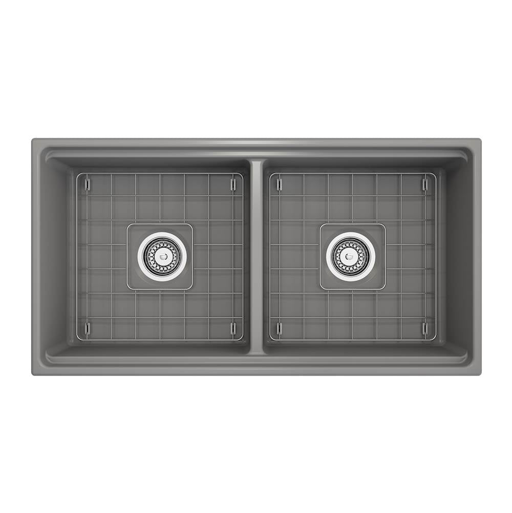 Contempo Step-Rim Apron Front Fireclay 36 in. Double Bowl Kitchen Sink with Integrated Work Station & Accessories in White