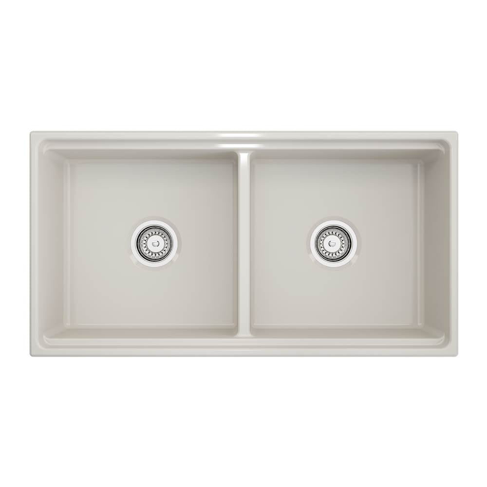 Contempo Step-Rim Apron Front Fireclay 36 in. Double Bowl Kitchen Sink with Integrated Work Station & Accessories in White