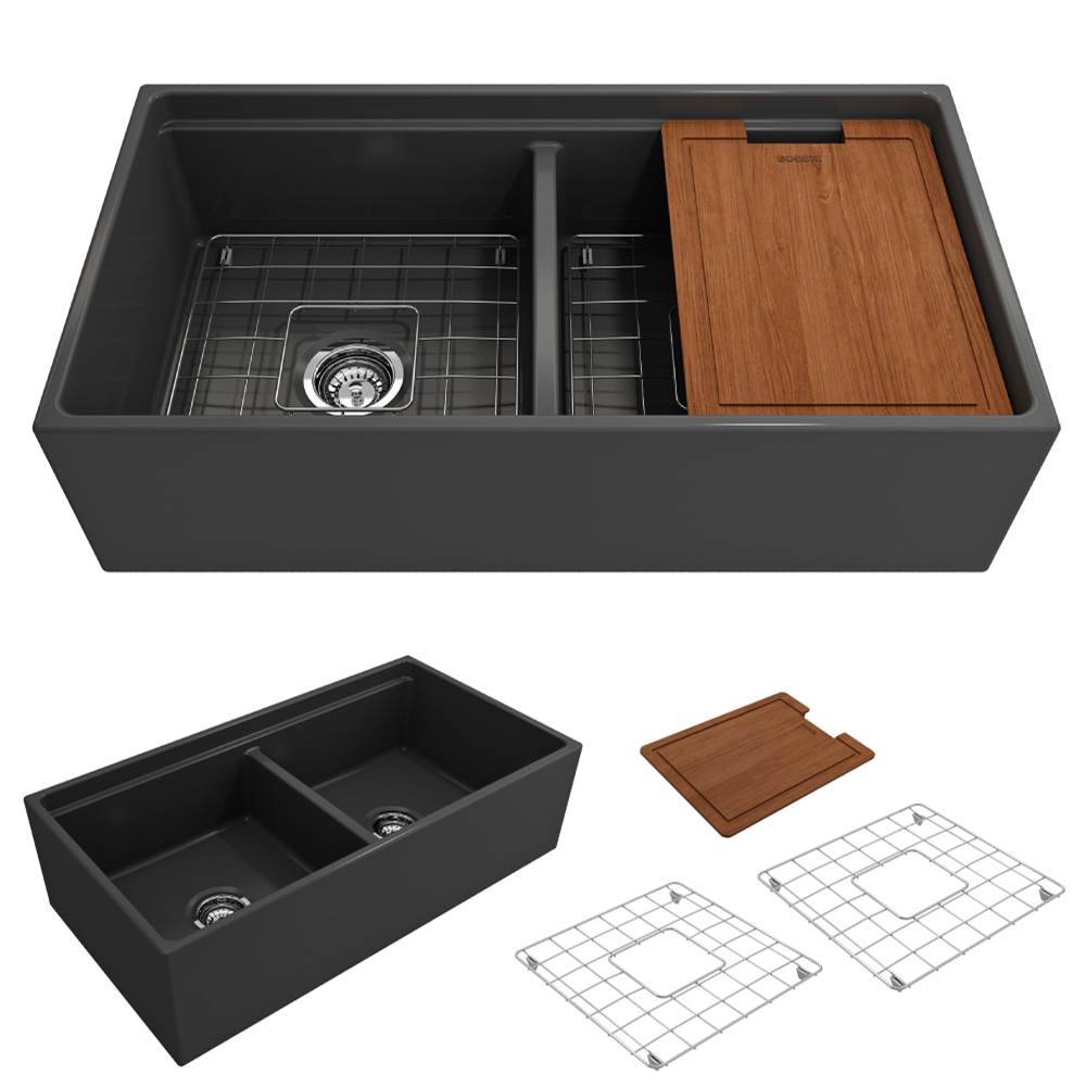 BOCCHI - Contempo Step-Rim Apron Front Fireclay 36 in. Double Bowl Kitchen Sink with Integrated Work Station & Accessories in Matte Dark Gray - Matte Dark Gray