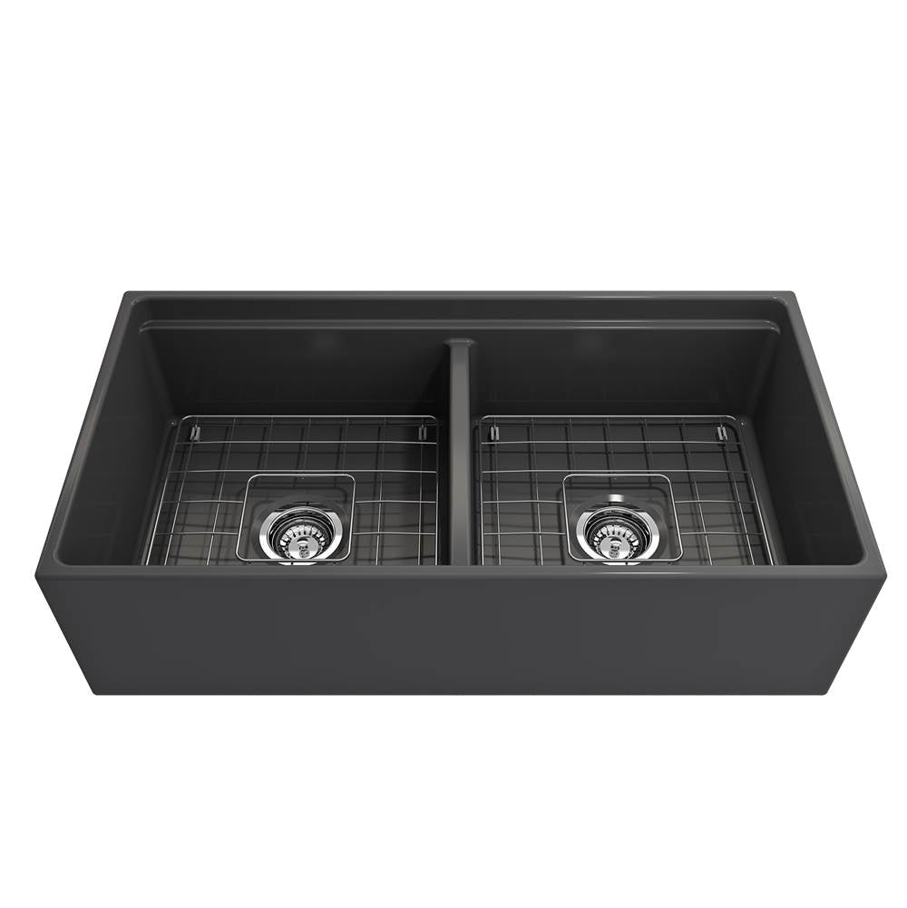 Contempo Step-Rim Apron Front Fireclay 36 in. Double Bowl Kitchen Sink with Integrated Work Station & Accessories in White