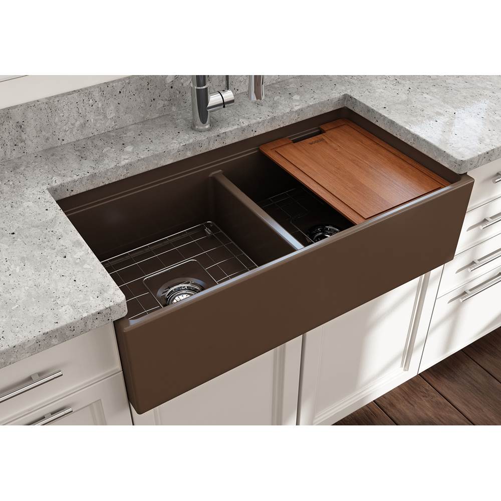 Contempo Step-Rim Apron Front Fireclay 36 in. Double Bowl Kitchen Sink with Integrated Work Station & Accessories in White