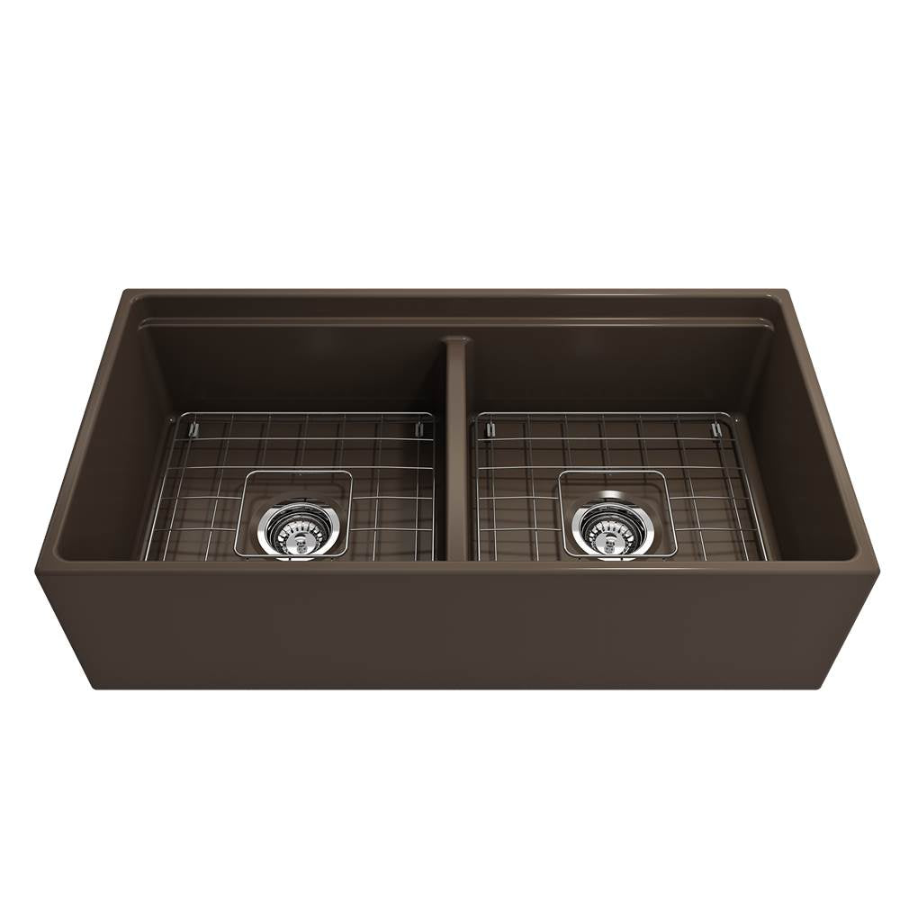 Contempo Step-Rim Apron Front Fireclay 36 in. Double Bowl Kitchen Sink with Integrated Work Station & Accessories in White