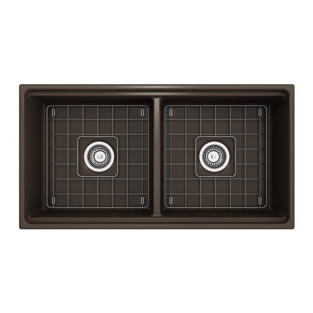 Contempo Step-Rim Apron Front Fireclay 36 in. Double Bowl Kitchen Sink with Integrated Work Station & Accessories in White