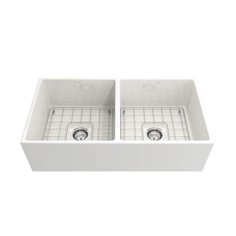 Contempo Apron Front Fireclay 36 in. Double Bowl Kitchen Sink with Protective Bottom Grids and Strainers in White