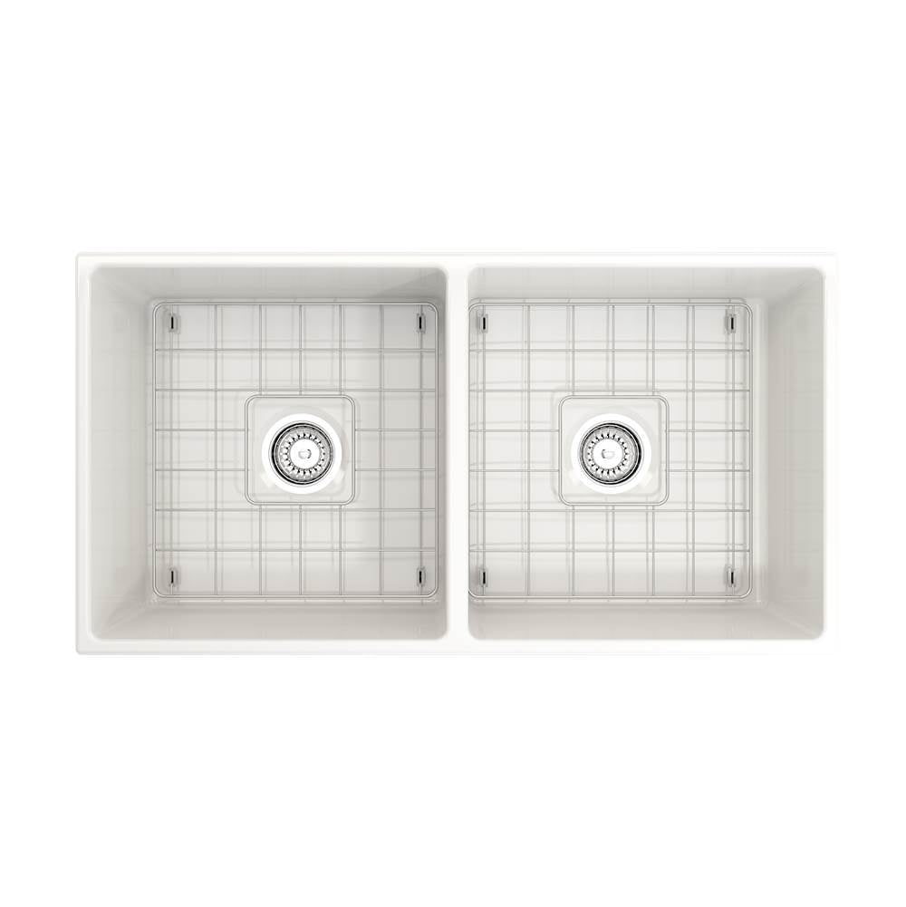 Contempo Apron Front Fireclay 36 in. Double Bowl Kitchen Sink with Protective Bottom Grids and Strainers in White