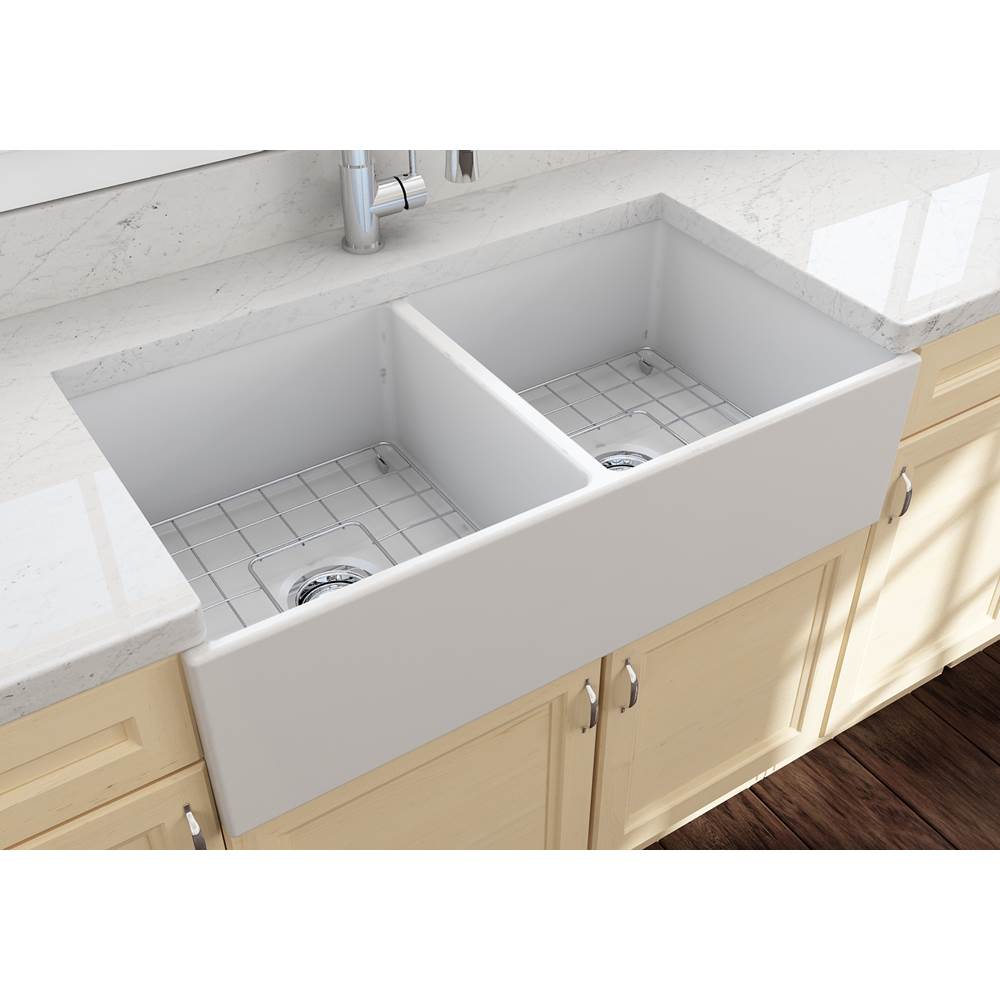 Contempo Apron Front Fireclay 36 in. Double Bowl Kitchen Sink with Protective Bottom Grids and Strainers in White