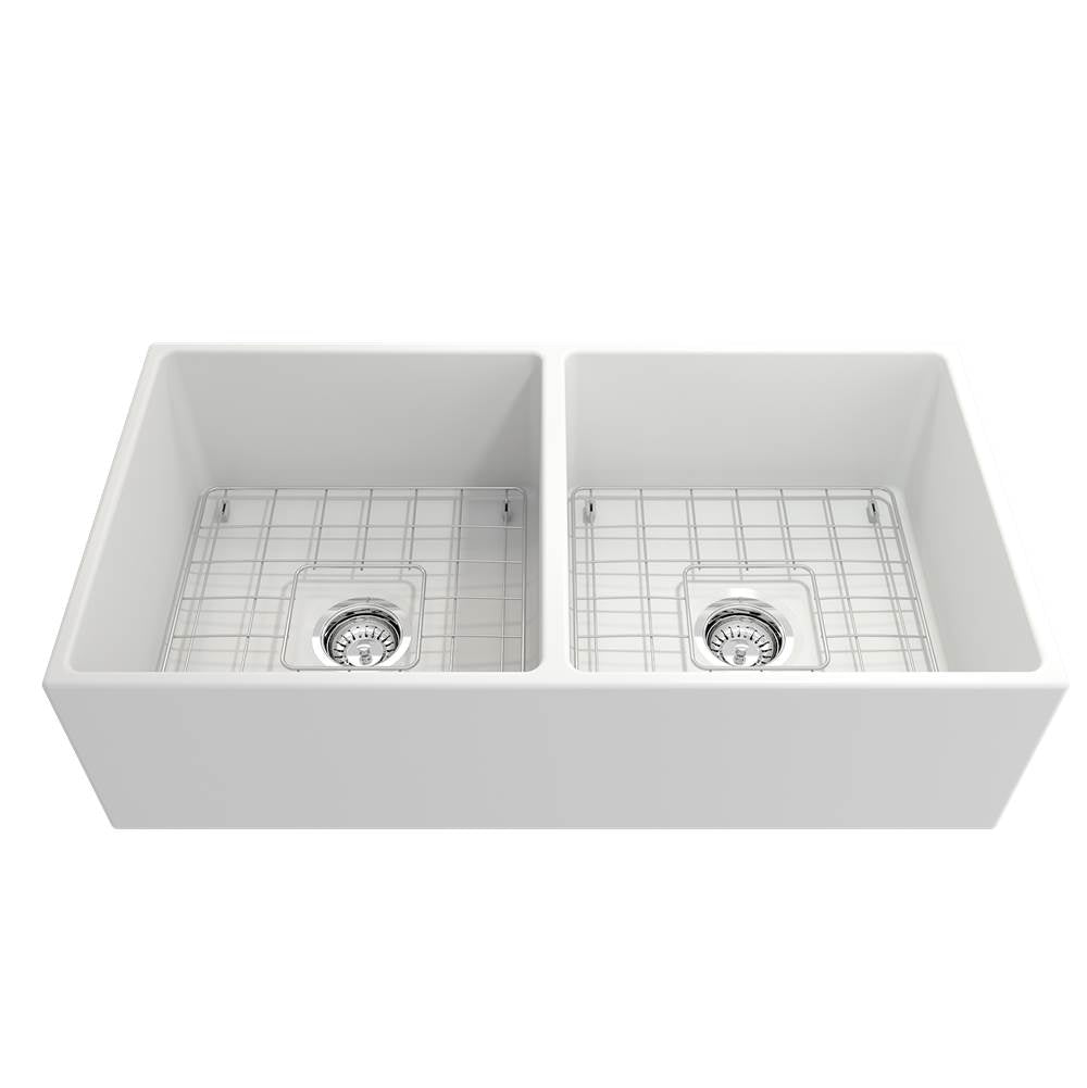 Contempo Apron Front Fireclay 36 in. Double Bowl Kitchen Sink with Protective Bottom Grids and Strainers in White