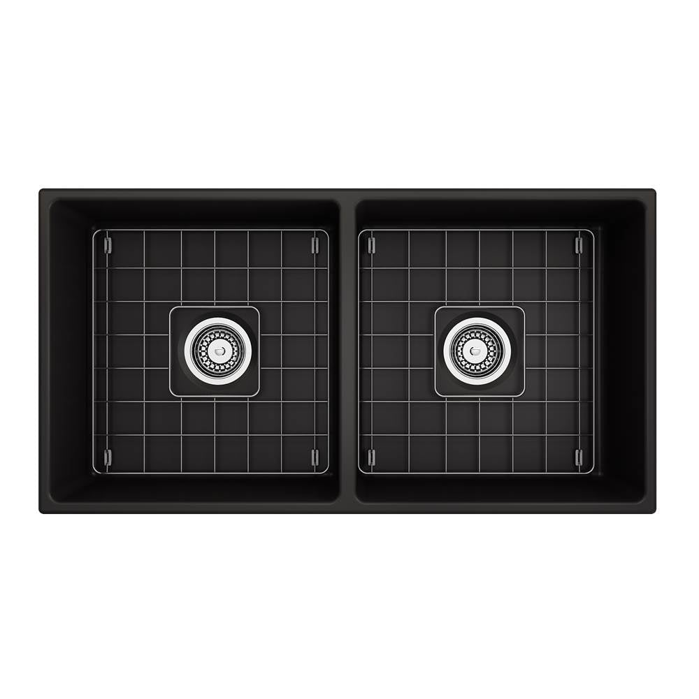 Contempo Apron Front Fireclay 36 in. Double Bowl Kitchen Sink with Protective Bottom Grids and Strainers in White