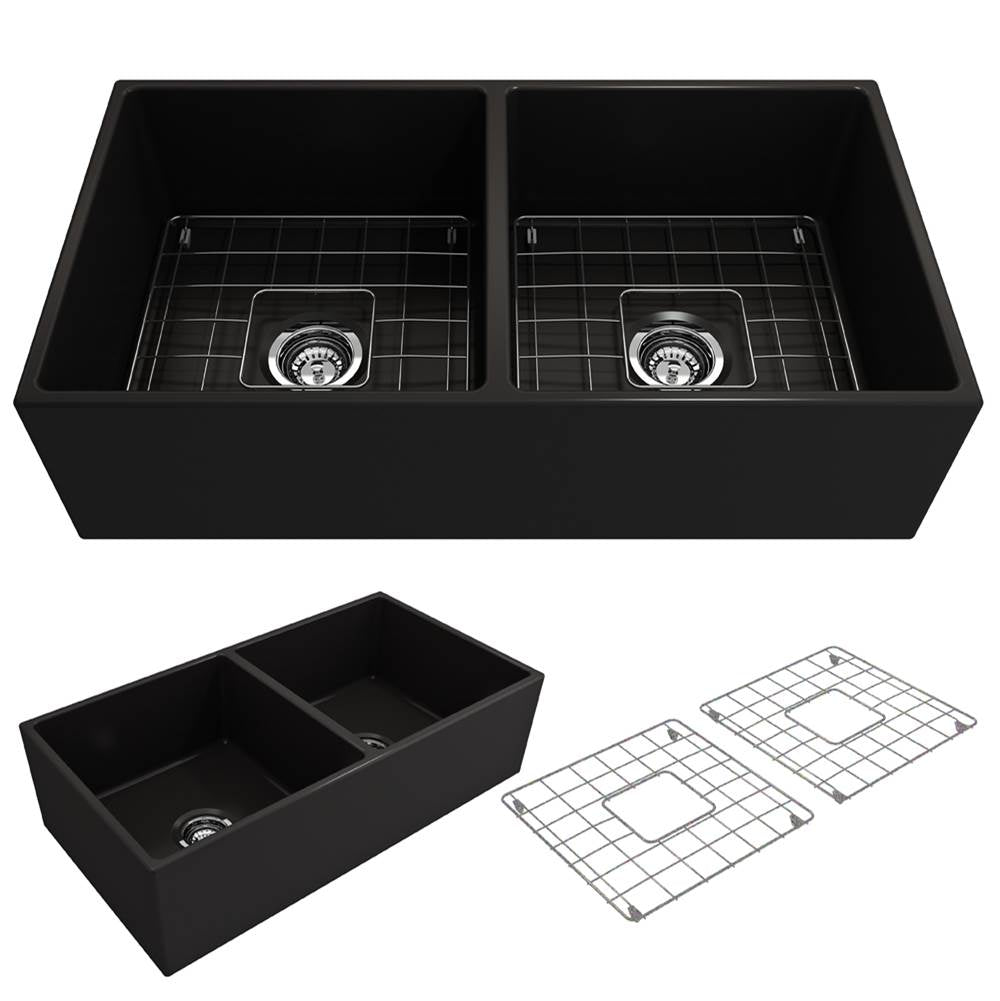 BOCCHI - Contempo Apron Front Fireclay 36 in. Double Bowl Kitchen Sink with Protective Bottom Grids and Strainers in Black - Black