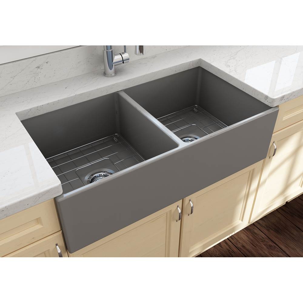 Contempo Apron Front Fireclay 36 in. Double Bowl Kitchen Sink with Protective Bottom Grids and Strainers in White