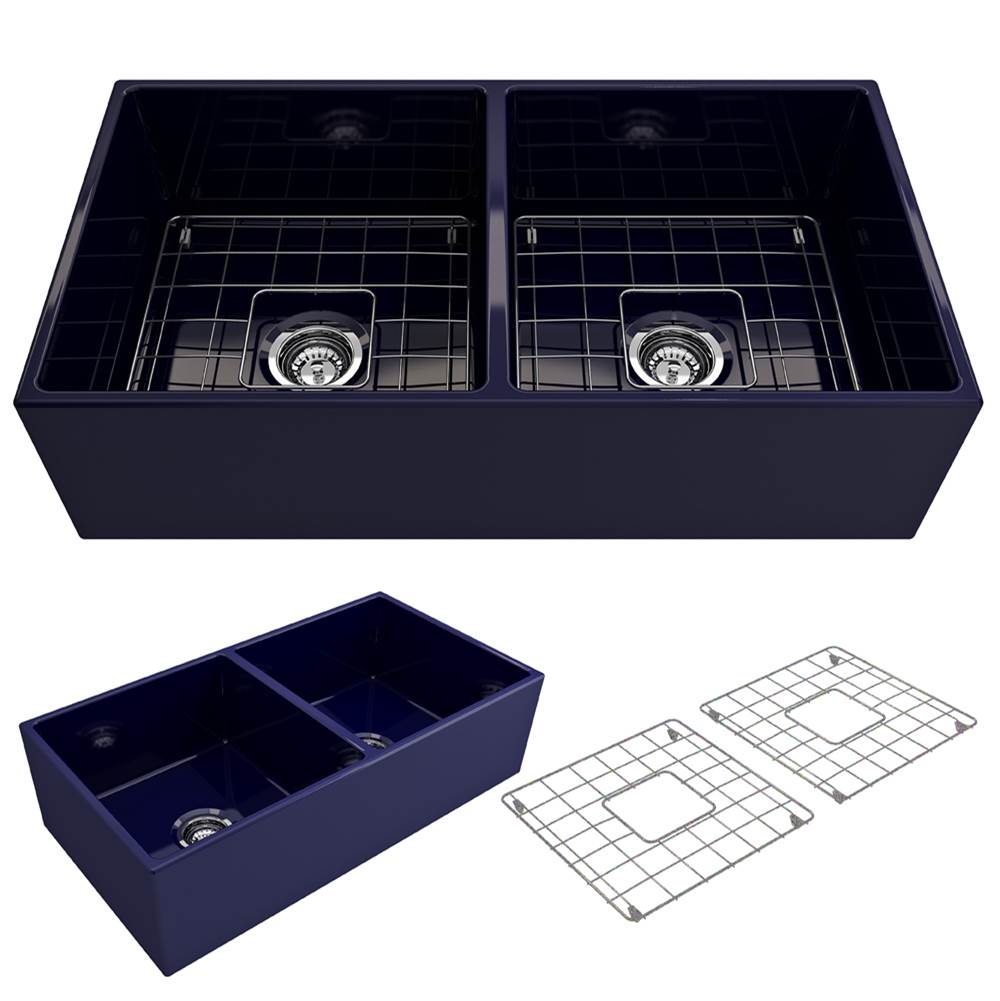 BOCCHI - Contempo Apron Front Fireclay 36 in. Double Bowl Kitchen Sink with Protective Bottom Grids and Strainers in Sapphire Blue - Sapphire Blue