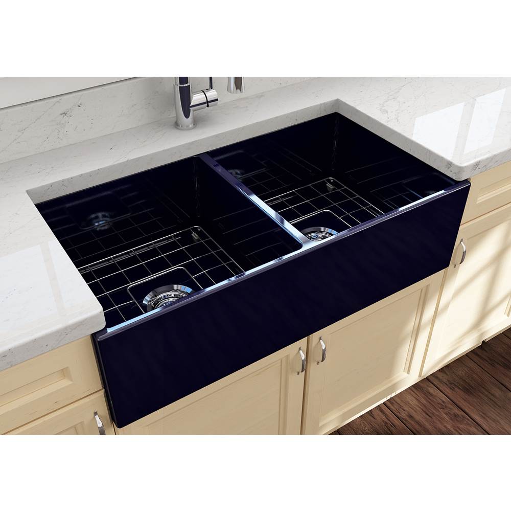Contempo Apron Front Fireclay 36 in. Double Bowl Kitchen Sink with Protective Bottom Grids and Strainers in White