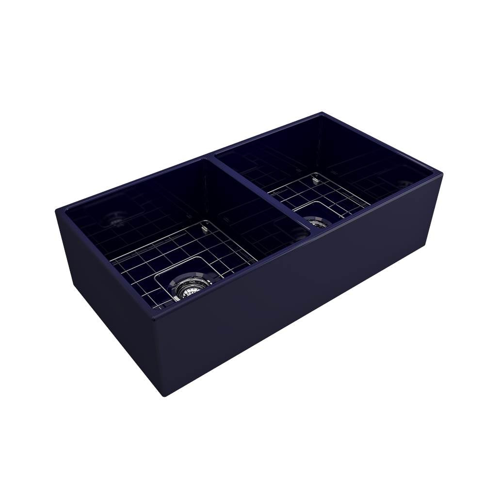Contempo Apron Front Fireclay 36 in. Double Bowl Kitchen Sink with Protective Bottom Grids and Strainers in White