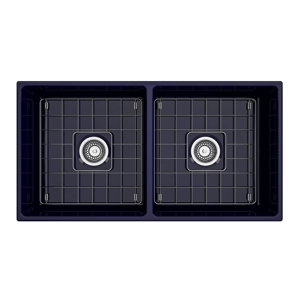 Contempo Apron Front Fireclay 36 in. Double Bowl Kitchen Sink with Protective Bottom Grids and Strainers in White