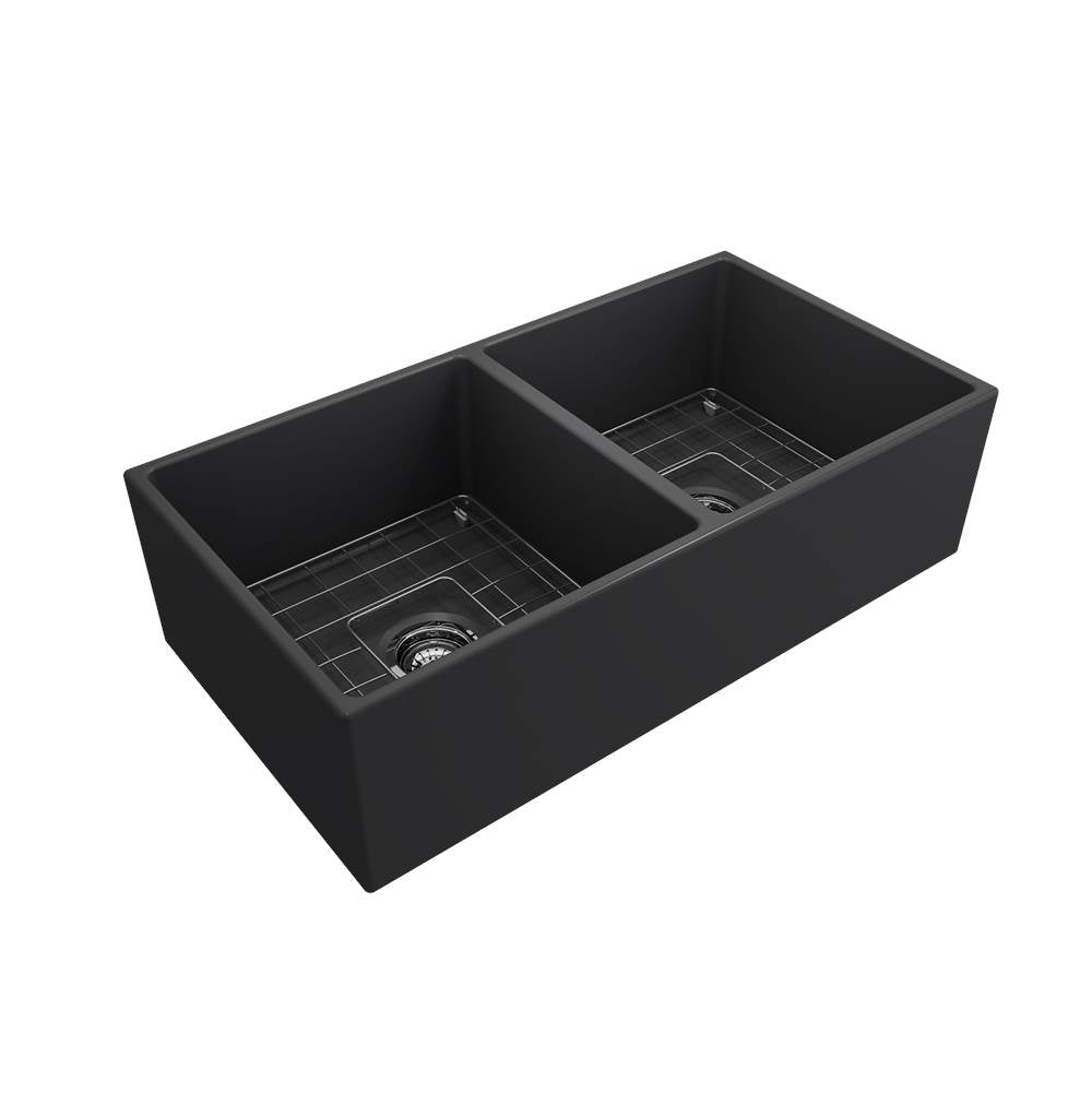 Contempo Apron Front Fireclay 36 in. Double Bowl Kitchen Sink with Protective Bottom Grids and Strainers in White