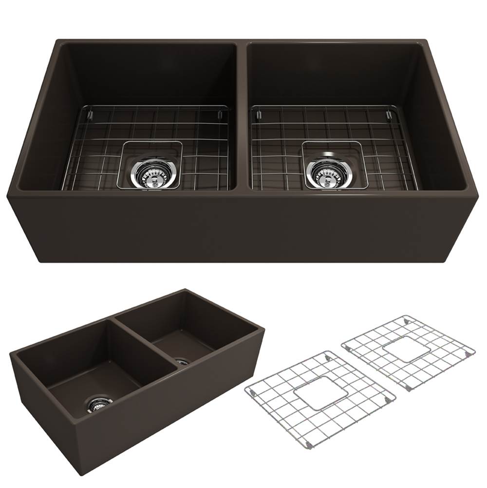 BOCCHI - Contempo Apron Front Fireclay 36 in. Double Bowl Kitchen Sink with Protective Bottom Grids and Strainers in Matte Brown - Matte Brown