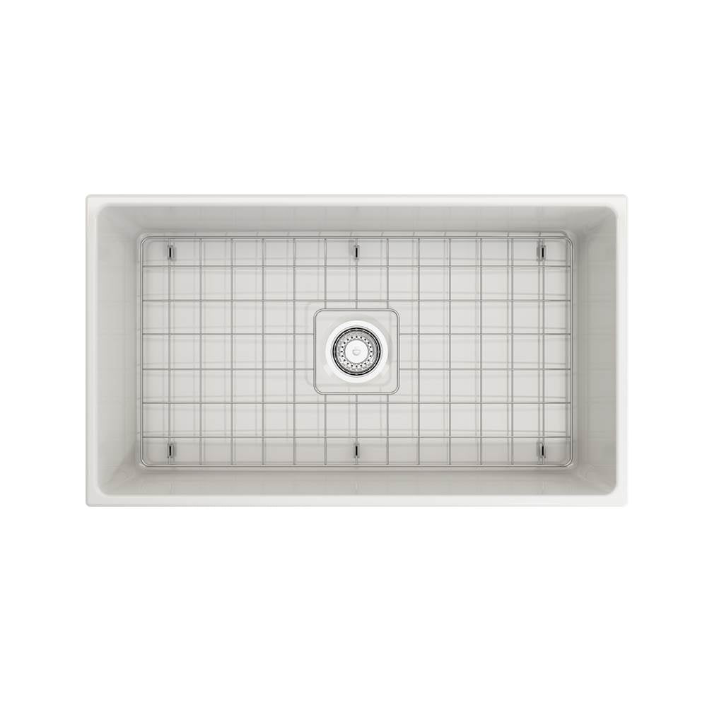 Contempo Apron Front Fireclay 33 in. Single Bowl Kitchen Sink with Protective Bottom Grid and Strainer in White