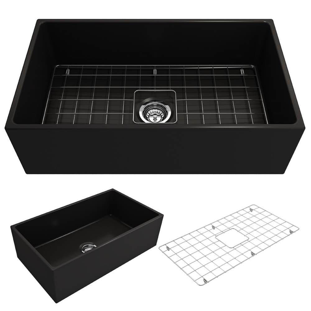 BOCCHI - Contempo Apron Front Fireclay 33 in. Single Bowl Kitchen Sink with Protective Bottom Grid and Strainer in Matte Black - Matte Black