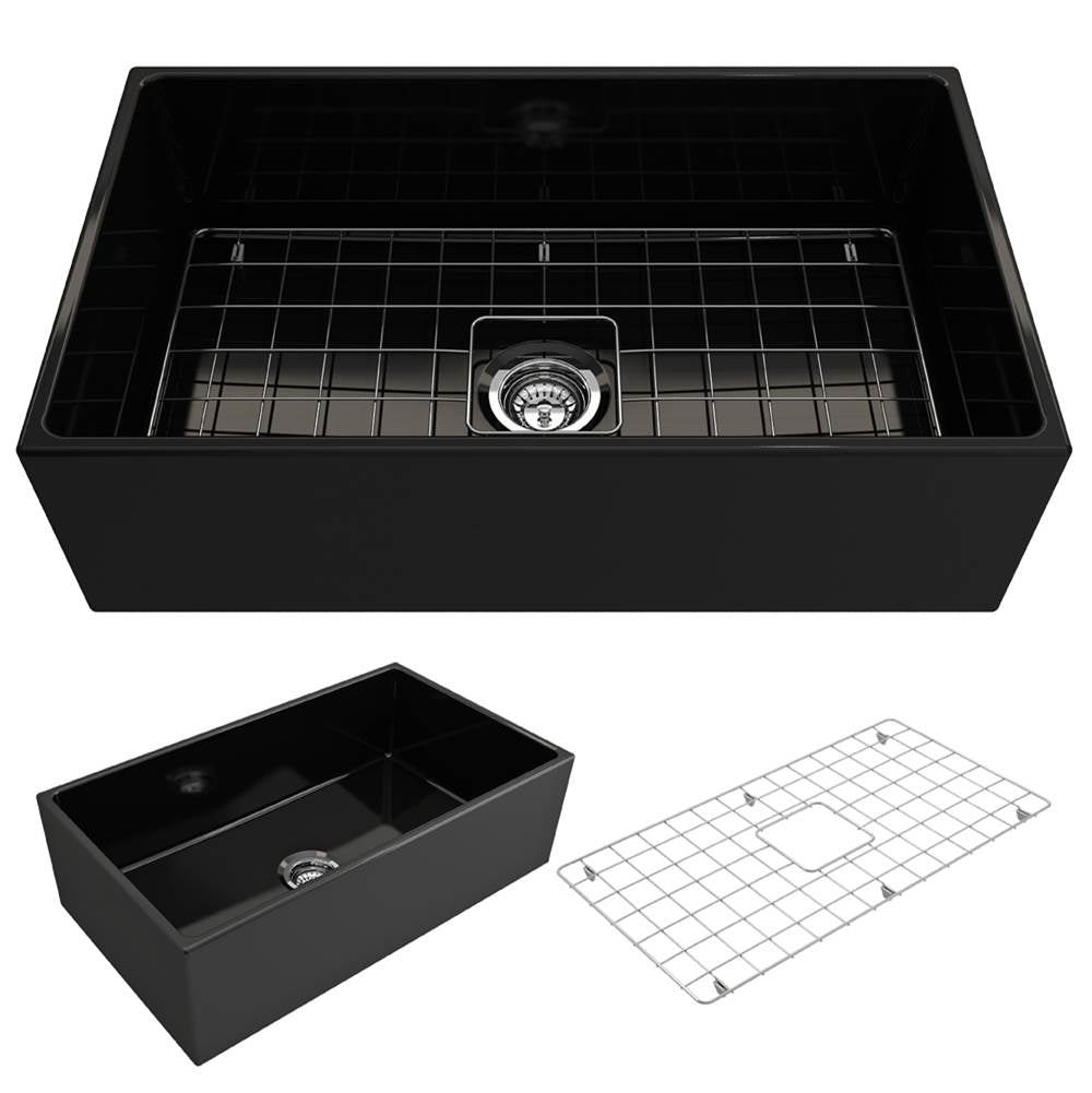 BOCCHI - Contempo Apron Front Fireclay 33 in. Single Bowl Kitchen Sink with Protective Bottom Grid and Strainer in Black - Black
