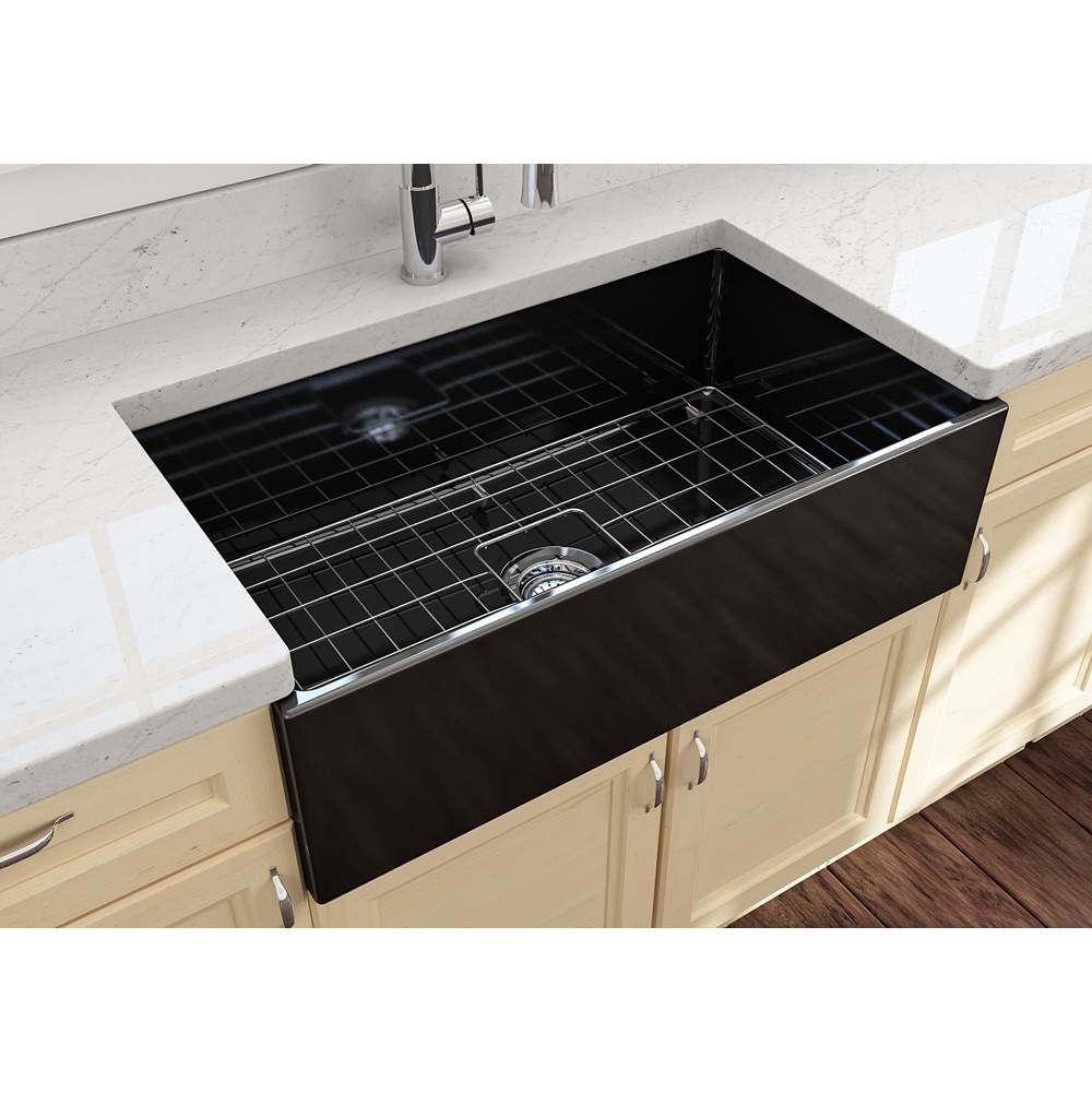 Contempo Apron Front Fireclay 33 in. Single Bowl Kitchen Sink with Protective Bottom Grid and Strainer in White