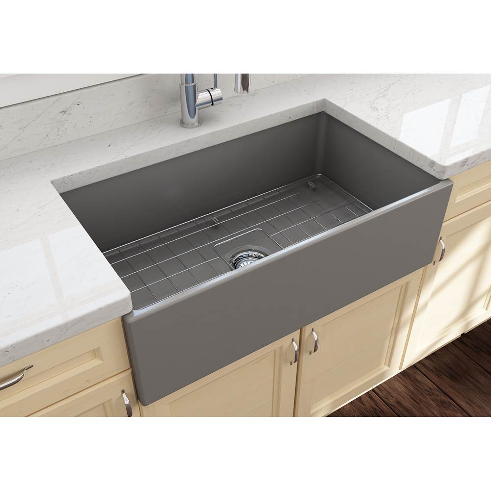 Contempo Apron Front Fireclay 33 in. Single Bowl Kitchen Sink with Protective Bottom Grid and Strainer in White