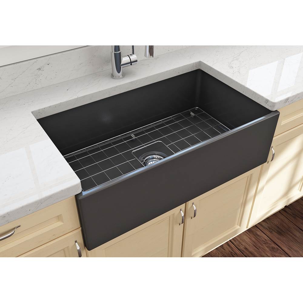 Contempo Apron Front Fireclay 33 in. Single Bowl Kitchen Sink with Protective Bottom Grid and Strainer in White
