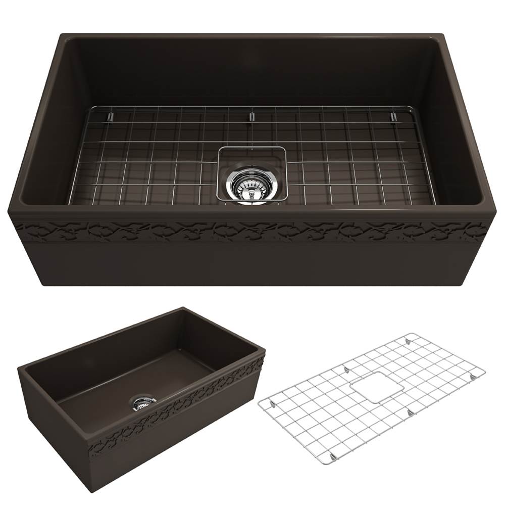 BOCCHI - Vigneto Apron Front Fireclay 33 in. Single Bowl Kitchen Sink with Protective Bottom Grid and Strainer in Matte Brown - Matte Brown