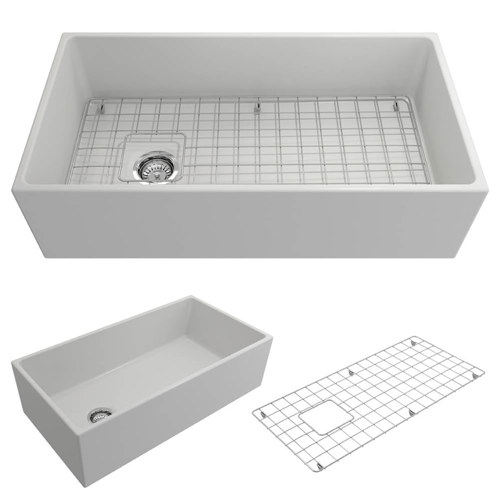 BOCCHI - Contempo Apron Front Fireclay 36 in. Single Bowl Kitchen Sink with Protective Bottom Grid and Strainer in Matte White - Matte White