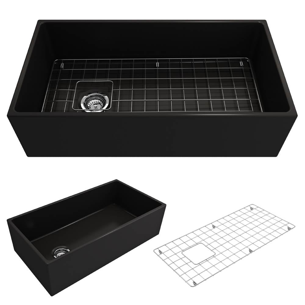 BOCCHI - Contempo Apron Front Fireclay 36 in. Single Bowl Kitchen Sink with Protective Bottom Grid and Strainer in Matte Black - Matte Black