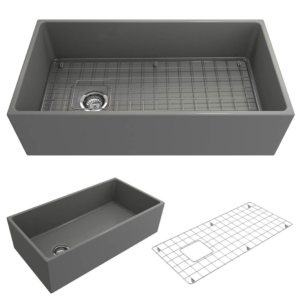 BOCCHI - Contempo Apron Front Fireclay 36 in. Single Bowl Kitchen Sink with Protective Bottom Grid and Strainer in Matte Gray - Matte Gray