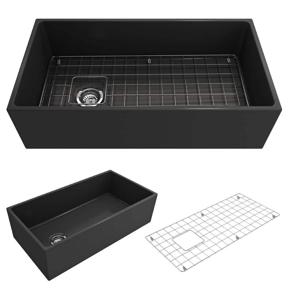 BOCCHI - Contempo Apron Front Fireclay 36 in. Single Bowl Kitchen Sink with Protective Bottom Grid and Strainer in Matte Dark Gray - Matte Dark Gray