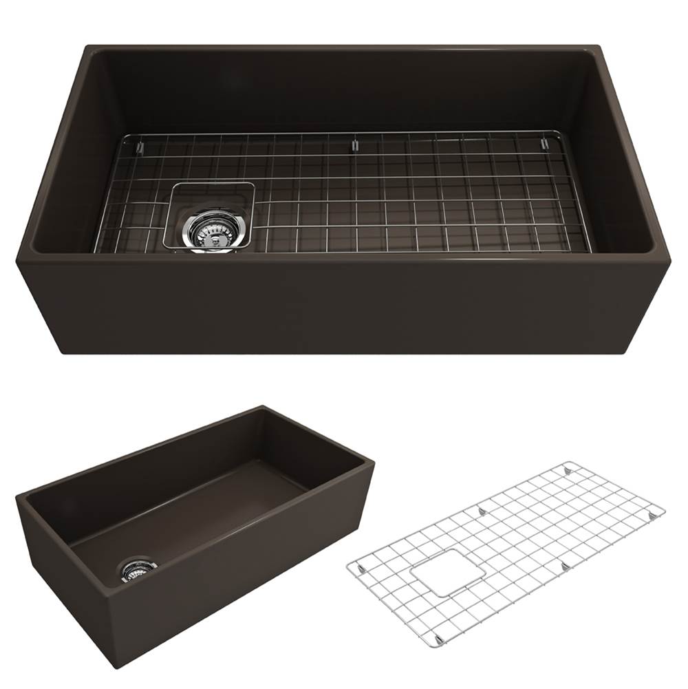 BOCCHI - Contempo Apron Front Fireclay 36 in. Single Bowl Kitchen Sink with Protective Bottom Grid and Strainer in Matte Brown - Matte Brown