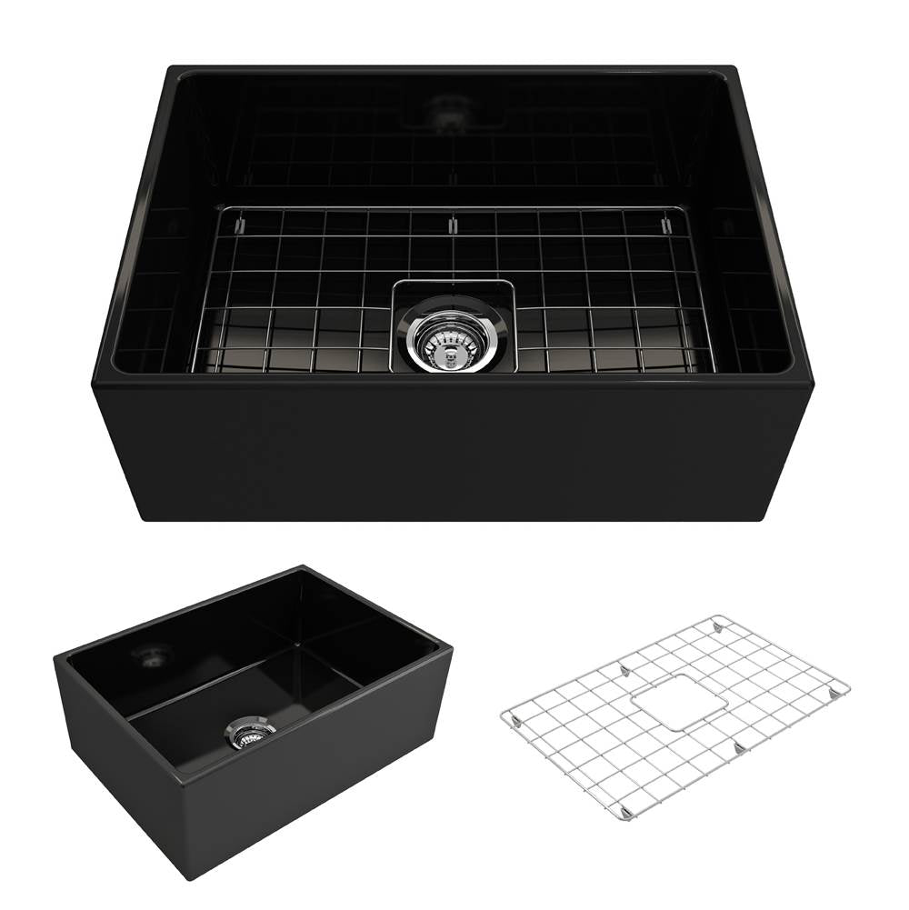 BOCCHI - Contempo Apron Front Fireclay 27 in. Single Bowl Kitchen Sink with Protective Bottom Grid and Strainer in Black - Black