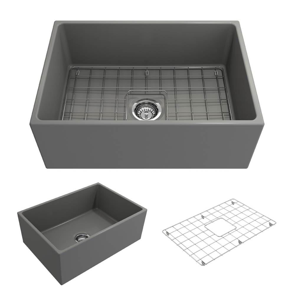 BOCCHI - Contempo Apron Front Fireclay 27 in. Single Bowl Kitchen Sink with Protective Bottom Grid and Strainer in Matte Gray - Matte Gray