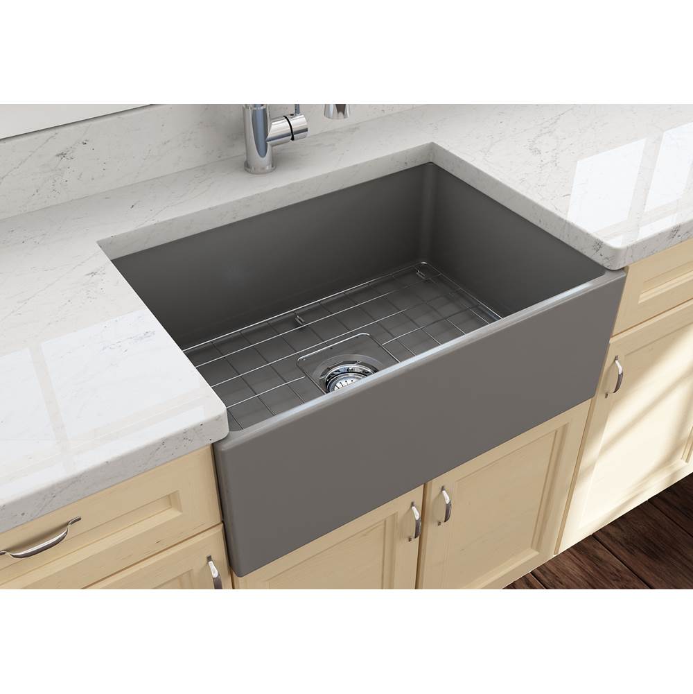 Contempo Apron Front Fireclay 27 in. Single Bowl Kitchen Sink with Protective Bottom Grid and Strainer in White