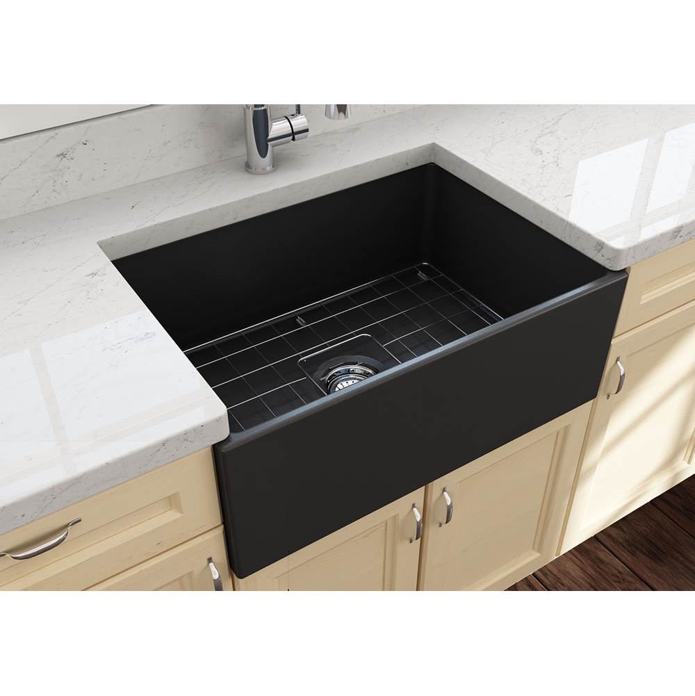 Contempo Apron Front Fireclay 27 in. Single Bowl Kitchen Sink with Protective Bottom Grid and Strainer in White