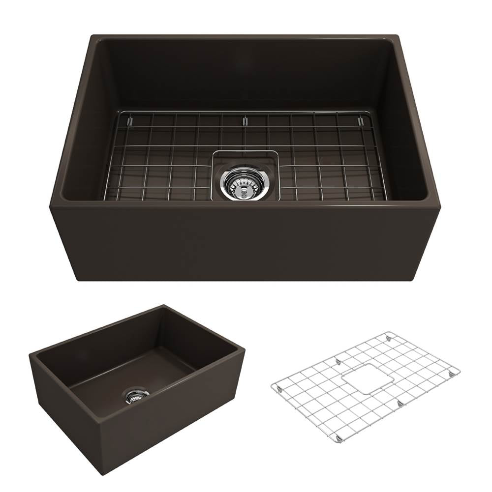 BOCCHI - Contempo Apron Front Fireclay 27 in. Single Bowl Kitchen Sink with Protective Bottom Grid and Strainer in Matte Brown - Matte Brown
