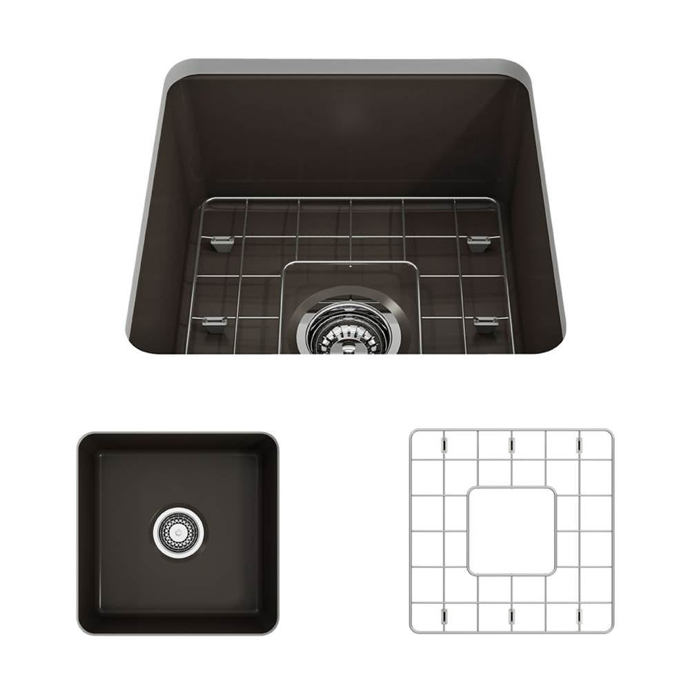 BOCCHI - Sotto Dual-mount Fireclay 18 in. Single Bowl Bar Sink with Protective Bottom Grid and Strainer in Matte Brown - Matte Brown