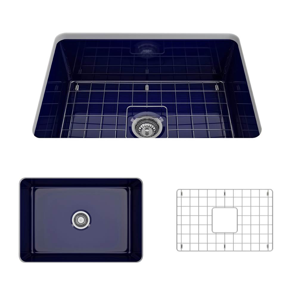 BOCCHI - Sotto Dual-mount Fireclay 27 in. Single Bowl Kitchen Sink with Protective Bottom Grid and Strainer in Sapphire Blue - Sapphire Blue