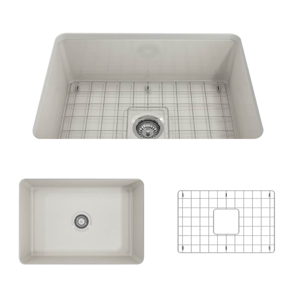 BOCCHI - Sotto Dual-mount Fireclay 27 in. Single Bowl Kitchen Sink with Protective Bottom Grid and Strainer in Biscuit - Biscuit