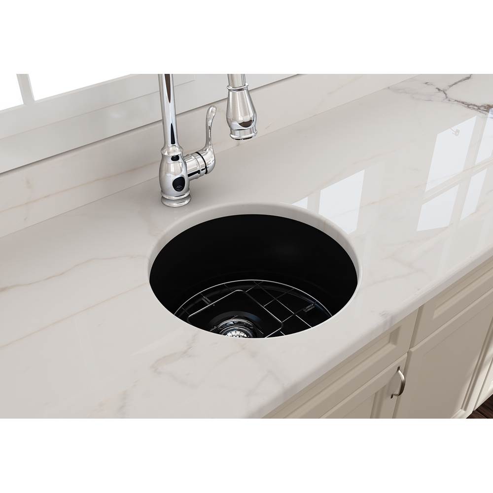 Sotto Round Dual-mount Fireclay 18.5 in. Single Bowl Bar Sink with Protective Bottom Grid and Strainer in White