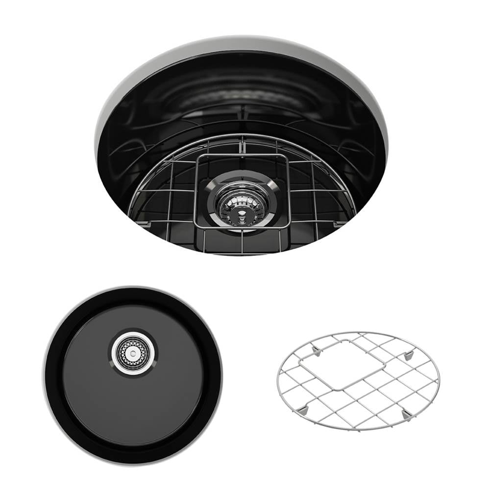 BOCCHI - Sotto Round Dual-mount Fireclay 18.5 in. Single Bowl Bar Sink with Protective Bottom Grid and Strainer in Black - Black