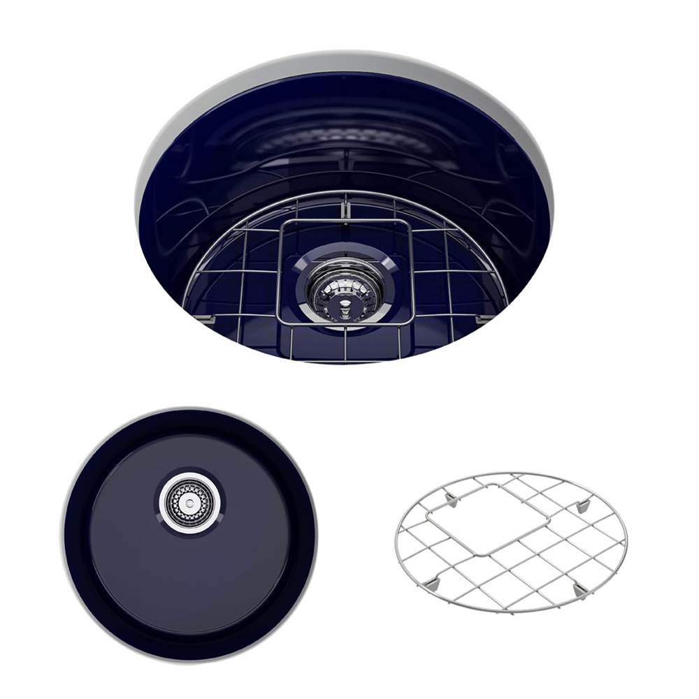 BOCCHI - Sotto Round Dual-mount Fireclay 18.5 in. Single Bowl Bar Sink with Protective Bottom Grid and Strainer in Sapphire Blue - Sapphire Blue