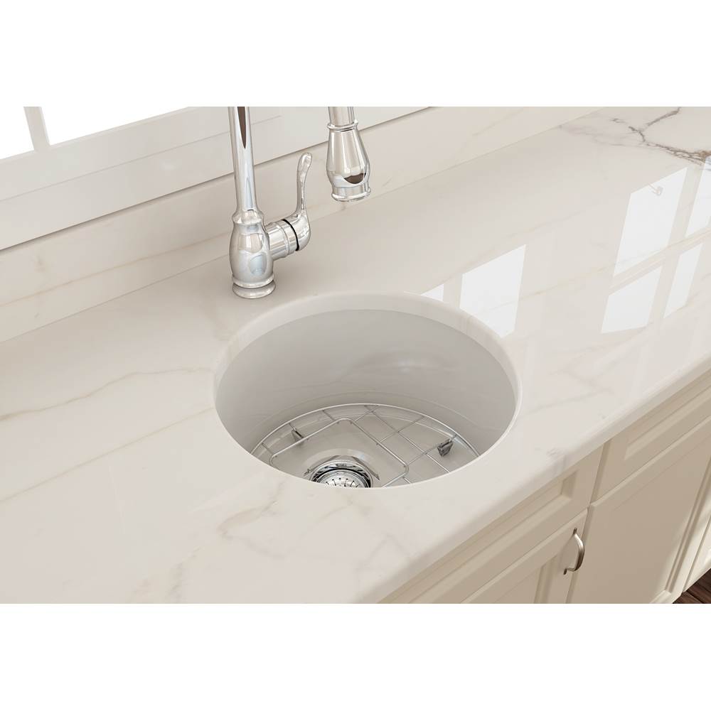 Sotto Round Dual-mount Fireclay 18.5 in. Single Bowl Bar Sink with Protective Bottom Grid and Strainer in White