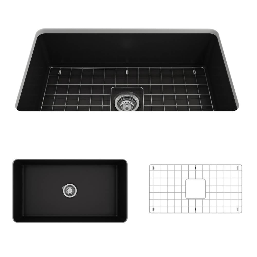 BOCCHI - Sotto Dual-mount Fireclay 32 in. Single Bowl Kitchen Sink with Protective Bottom Grid and Strainer in Matte Black - Matte Black